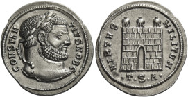 Constantius I caesar, 293 – 305. 
Argenteus, Thessalonica circa 302, AR 3.16 g. CONSTAN – TIVS NOB C Laureate head r. Rev. VIRTVS – MILITVM Camp-gate...
