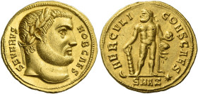 Severus II caesar, 305 – 306.
Aureus, Antiochia circa 305, AV 5.33 g. SEVERVS – NOB CAES Laureate head r. Rev. HERCVLI – CONS CAES Hercules, naked bu...