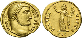Maximinus II Daia augustus, 310 – 313. 
Aureus, Alexandria circa 311-313, AV 5.18 g. MAXIMI – NVS P F AVG Laureate head r. Rev. SOLI IN – VICTO Sol i...