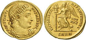 Constantine I, 307 – 337.
Solidus, Antiochia 335-336, AV 4.45 g. CONSTANTI – NVS MAX AVG Rosette-diademed, draped and cuirassed bust r. Rev. VICTORIA...