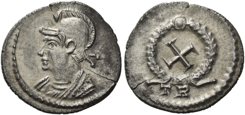 Valentinian I, 364 – 375. 
Half siliqua, Treveri 364-365, AR 1.05 g. Helmeted a...