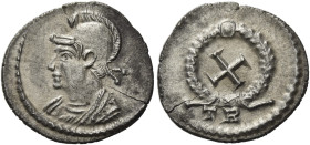 Valentinian I, 364 – 375. 
Half siliqua, Treveri 364-365, AR 1.05 g. Helmeted and draped bust of Roma l. Rev. Large X within wreath, below, TR. C 11....