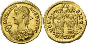 Gratian, 367 – 383. 
Solidus, Treviri circa 378-383, AV 4.48 g. D N GRATIA – NVS P F AVG Pearl-diademed, draped bust l., holding mappa and sceptre. R...