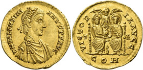 Valentinian II, 375 – 392. 
Solidus, Treveri August 388-May 392, AV 4.46 g. D N VALENTINI – ANVS P F AVG Pearl-diademed, draped and cuirassed bust r....