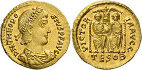 Thedosius I, 379 – 395. 
Solidus, Thessalonica circa 379, AV 4.44 g. D N THEODOSIVS P F AVG Pearl-diademed, draped and cuirassed bust r. Rev. VICTORI...