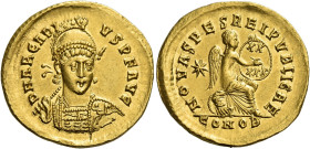 Arcadius, 383 – 408. 
Solidus, Constantinople 403-408, AV 22 mm, 4.49 g. D N ARCADI – VS P F AVG Helmeted, pearl-diademed and cuirassed bust facing t...