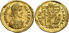 Honorius, 393 – 423. 
Solidus, Mediolanum 402, AV 4.45 g. D N HONORI – VS P F AVG Pearl-diademed, draped and cuirassed bust r. Rev. VICTOR – IA AVGGG...