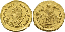 Valentinian III, 425 – 455. 
Solidus 435, AV 4.43 g. D N PLA VALENTI – NIANVS P F AVG Rosette and pearl diademed bust l., wearing consular mantle and...
