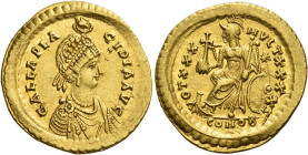 Galla Placidia, Mother of Valentinian III, Augusta, 421-450. 
Solidus circa 430-440, AV 4.46 g. GALLA PLA – CIDIA AVG Draped bust r., wearing pearl d...