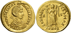 Justa Gratia Honoria, sister of Valentinian III. 
Solidus, Ravenna circa 430-449, AV 4.41 g. D N IVST GRAT HO – NORIA P F AVG Pearl-diademed and drap...