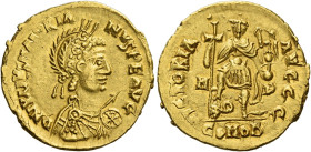 Majorian, 457 – 461. 
Solidus, Mediolanum 457-461, AV 4.42 g. D N IVLIVS MAIORIA – NVS PE AVG Helmeted, diademed, draped and cuirassed bust r., holdi...