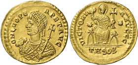 Leo I, 457 – 474. 
Solidus, Thessalonica 462 and or 466, AV 4.49 g. D N LEO PE – RPET AVG Pearl-diademed bust l., in consular robes, holding mappa an...
