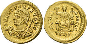 Leo I, 457 – 474. 
Solidus, Thessalonica circa 462 and / or 466, AV 4.38 g. D N LEO PERPET AVG Pearl-diademed bust l., in consular robes, holding map...
