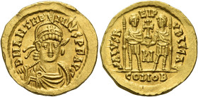 Anthemius, 467-472. 
Solidus circa 467-472, AV 4.44 g. D N ANTHE – MIVS P F AG Diademed, helmeted and cuirassed bust facing slightly r., holding spea...