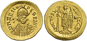 Zeno second reign, 476 – 491. 
Solidus, Constantinople circa 476–491, AV 4.47 g. DN ZENO – PERP AVG Helmeted, pearl-diademed and cuirassed bust facin...