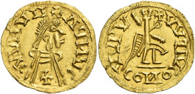 The Visigoths. 
Pseudo-Imperial coinage. In the name of Justin II, 565 to early reforms of Leovigild, 568-584. Tremissis, AV 1.40 g. CVVNVII – ΛPNVC ...