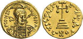 Constantine IV, 668 – 685. 
Solidus, Constantinople 681-685, AV 4.44 g. P CONSTANVS PP A Facing bust, wearing plumed helmet, and holding spear and sh...