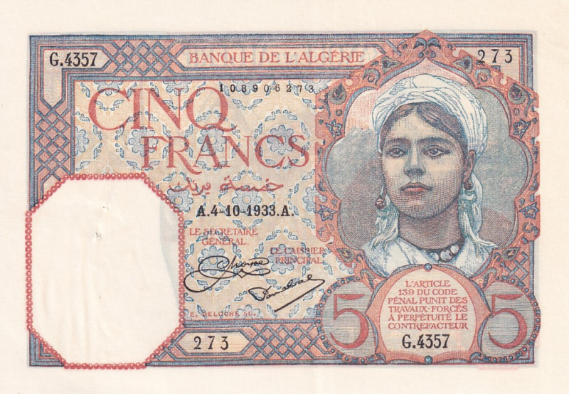 Algeria, 5 Francs, 1933, AUNC, p77a
There are pinholes
Estimate: USD 25-50