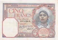 Algeria, 5 Francs, 1941, UNC(-), p77b
There are pinhole and light stain
Estimate: USD 40-80