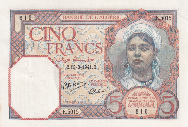 Algeria, 5 Francs, 1941, UNC(-), p77b
It has punch holes. Rust around staple ho...