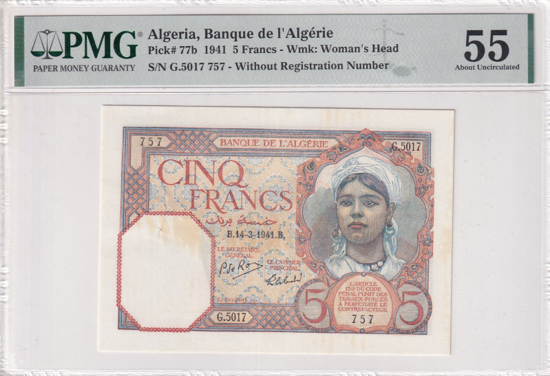 Algeria, 5 Francs, 1941, AUNC, p77b
PMG 55
Estimate: USD 40-80