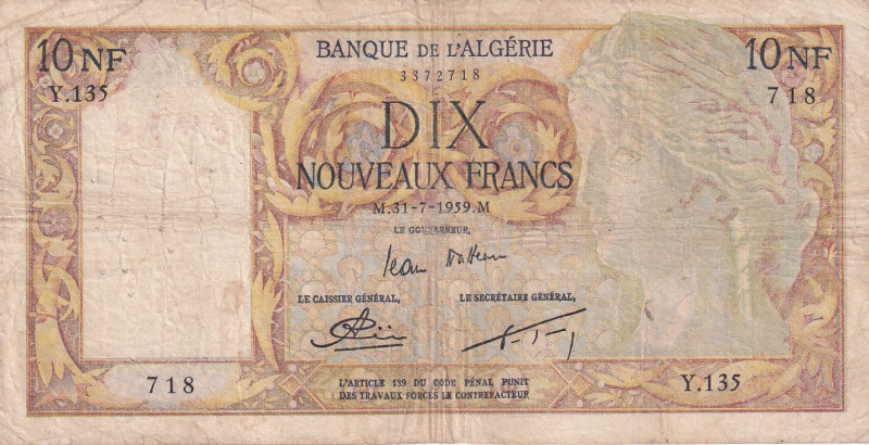 Algeria, 10 Nouveaux Francs, 1959, FINE, p119a
Split, rips and stains, Stained...