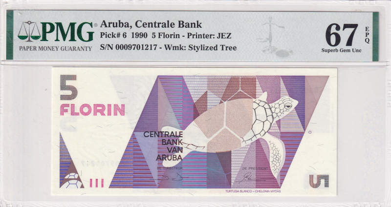 Aruba, 5 Florin, 1990, UNC, p6
PMG 67 EPQ, High condition 
Estimate: USD 75-15...