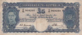 Australia, 5 Pounds, 1949, VF, p27c
King George VI Portrait, There are stains and split
Estimate: USD 75-150