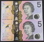 Australia, 5 Dollars, 2016, UNC, p62, (Total 2 banknotes)
With the same serial number, Queen Elizabeth II Portrait, Polymer banknote
Estimate: USD 2...