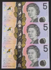 Australia, 5 Dollars, 2016, UNC, p62, (Total 3 banknotes)
With the same serial number, Queen Elizabeth II Portrait, Polymer banknote
Estimate: USD 3...