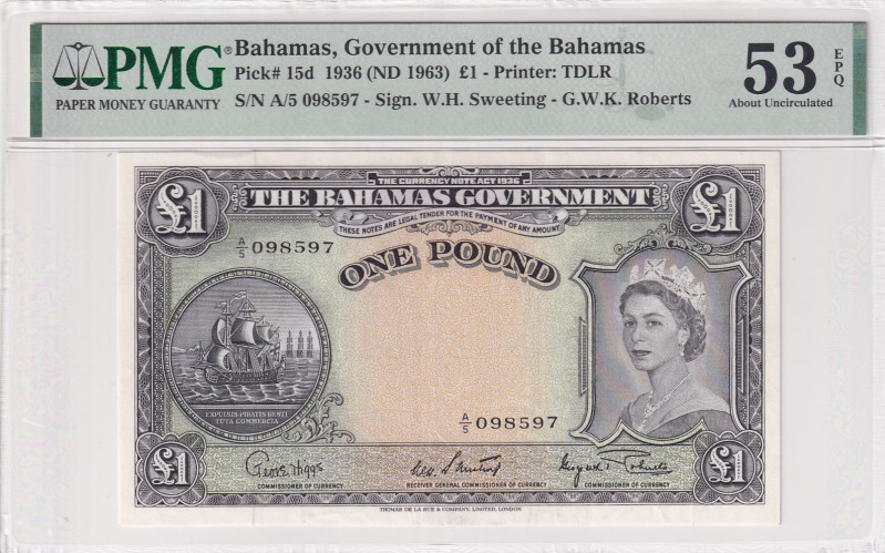 Bahamas, 1 Pound, 1963, AUNC, p15d
PMG 53 EPQ, Queen Elizabeth II Portrait
Est...