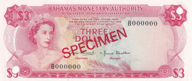 Bahamas, 3 Dollars, 1968, UNC, p28s, SPECIMEN
Queen Elizabeth II Portrait
Estimate: USD 100-200