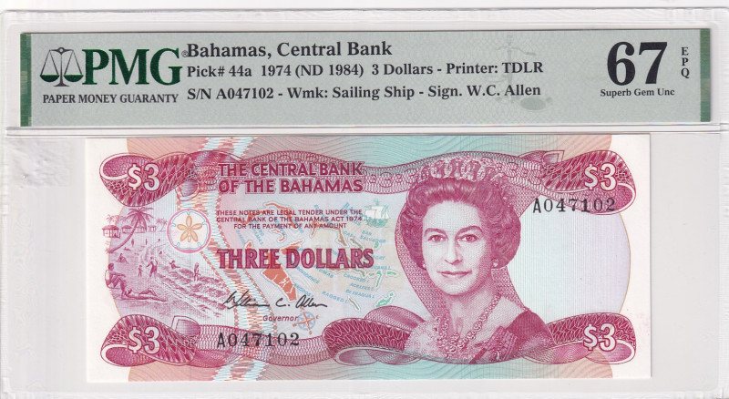 Bahamas, 3 Dollars, 1984, UNC, p44a
PMG 67 EPQ, High condition , Queen Elizabet...