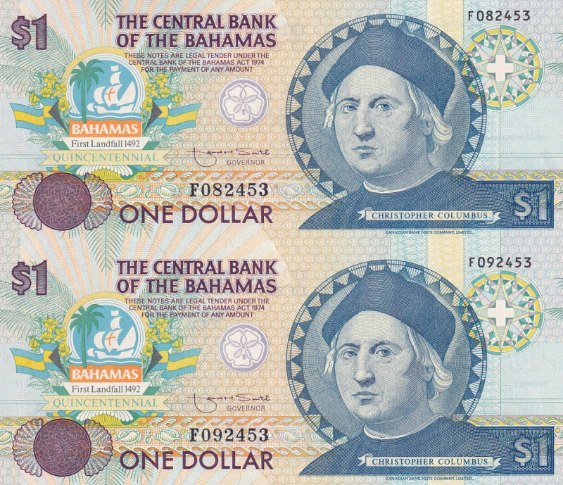 Bahamas, 1 Dollar, 1992, UNC, p50a, (Total 2 banknotes)
In 2 blocks. Uncut shee...