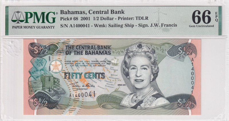 Bahamas, 1/2 Dollar, 2001, UNC, p68, Radar
PMG 66 EPQ, Queen Elizabeth II Portr...