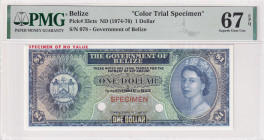 Belize, 1 Dollar, 1974/1976, UNC, p33cts, SPECIMEN
PMG 67, High condition, Queen Elizabeth II Portrait, Color Trial Example
Estimate: USD 700-1.400