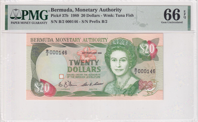 Bermuda, 20 Dollars, 1989, UNC, p37b
PMG 66 EPQ, Low Serial Number
Estimate: U...