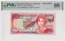 Bermuda, 100 Dollars, 1989, UNC, p39s, SPECIMEN
PMG 68 EPQ, High Condition , Queen Elizabeth II Portrait
Estimate: USD 300-600