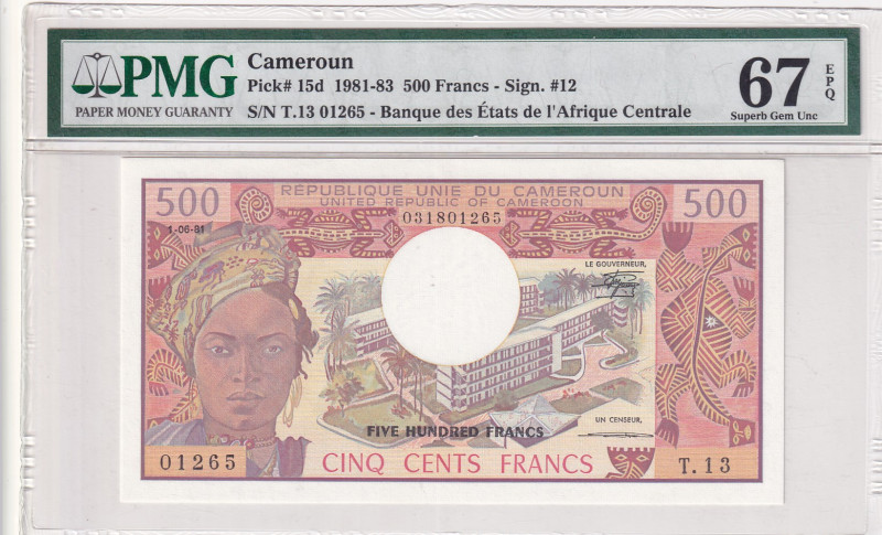 Cameroun, 500 Francs, 1981, UNC, p15d
PMG 67 EPQ, High condition 
Estimate: US...