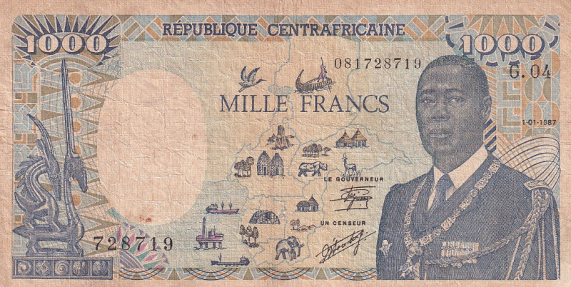 Central African Republic, 1.000 Francs, 1987, VF(-), p16
Split and stains.
Est...