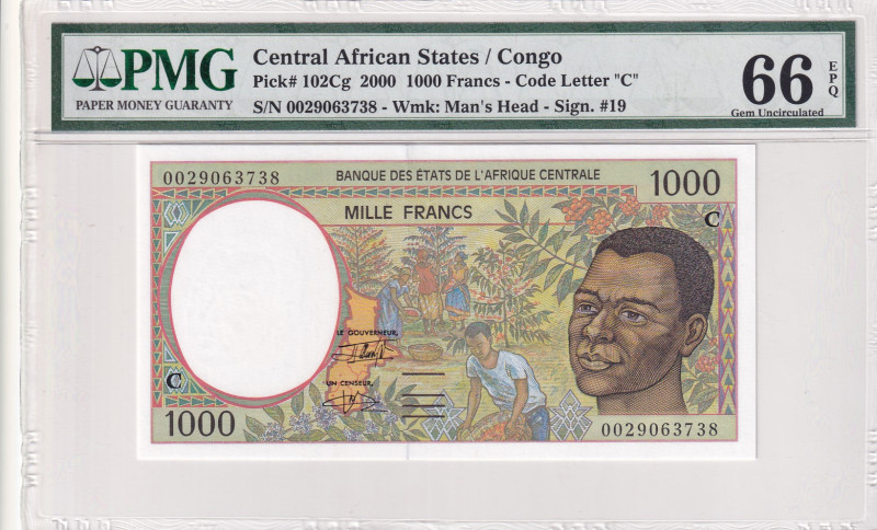 Central African States, 1.000 Francs, 2000, UNC, p102Cg
PMG 66 EPQ, "C'' Congo...