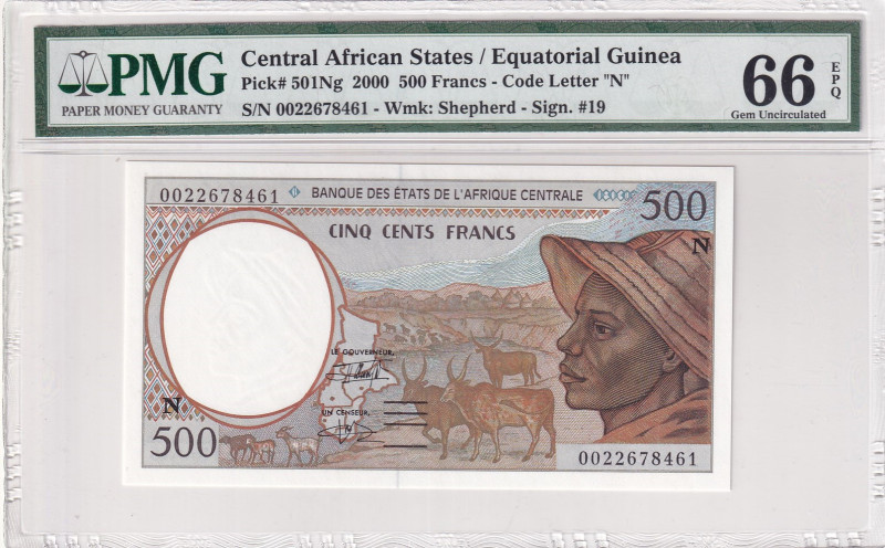 Central African States, 500 Francs, 2000, UNC, p501Ng
PMG 66 EPQ, "N" Equatoria...