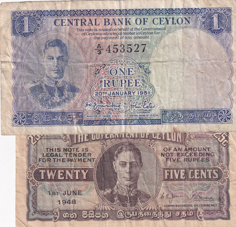 Ceylon, 25 Cents-1 Rupee, 1948/1951, FINE(+), p34; p44, (Total 2 banknotes)
Spl...