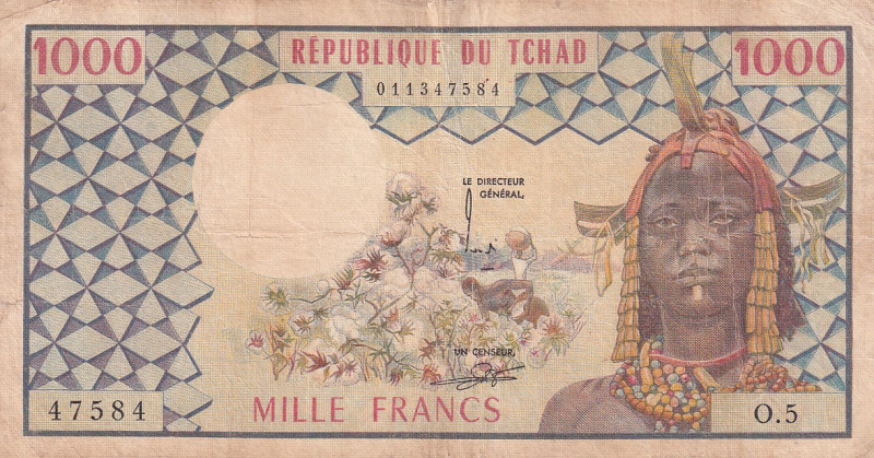 Chad, 1.000 Francs, 1974/1978, VF(-), p3a
Split and wear on the border edges., ...