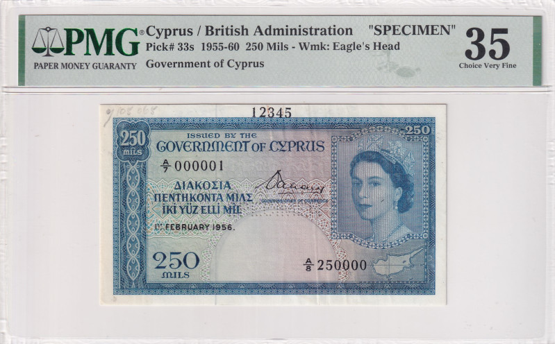 Cyprus, 250 Mils, 1955/1960, VF, p33s, SPECIMEN
PMG 35, Queen Elizabeth II Port...