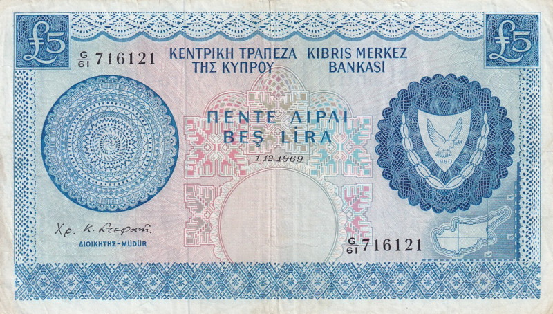 Cyprus, 5 Pounds, 1969, VF(+), p44a
Light stained
Estimate: USD 60-120