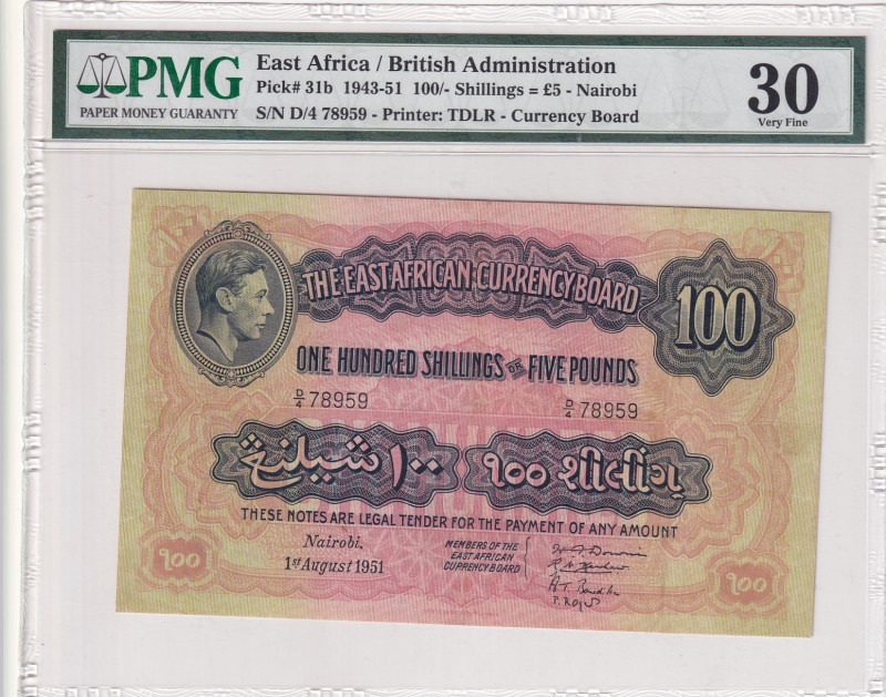 East Africa, 100 Shillings, 1943/1951, VF, p31b
PMG 30
Estimate: USD 750-1.500