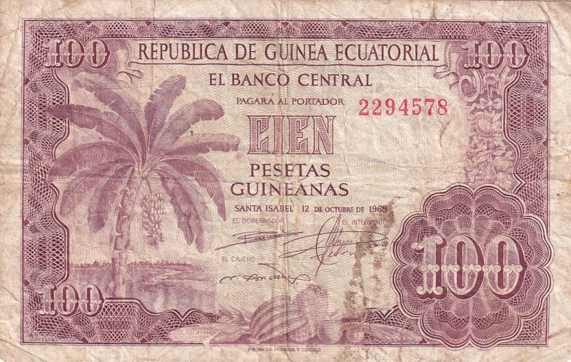 Equatorial Guinea, 100 Pesetas Guineanas, 1969, VF, p1
Split, rips and stains
...