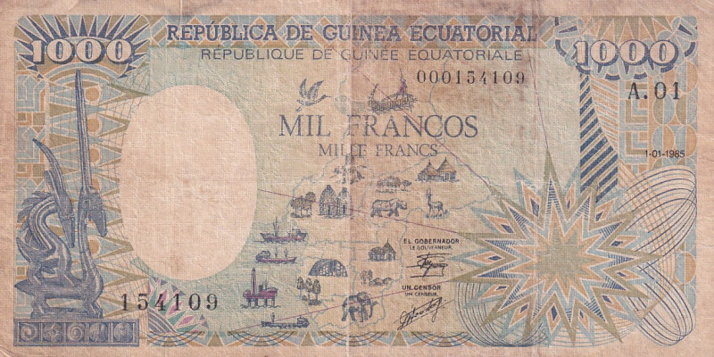 Equatorial Guinea, 1.000 Francs, 1985, FINE(+), p21
There are stains and tears....