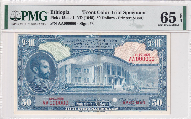 Ethiopia, 50 Dollars, 1945, UNC, p15ccts1, SPECIMEN
PMG 65 EPQ, Front Color Tri...